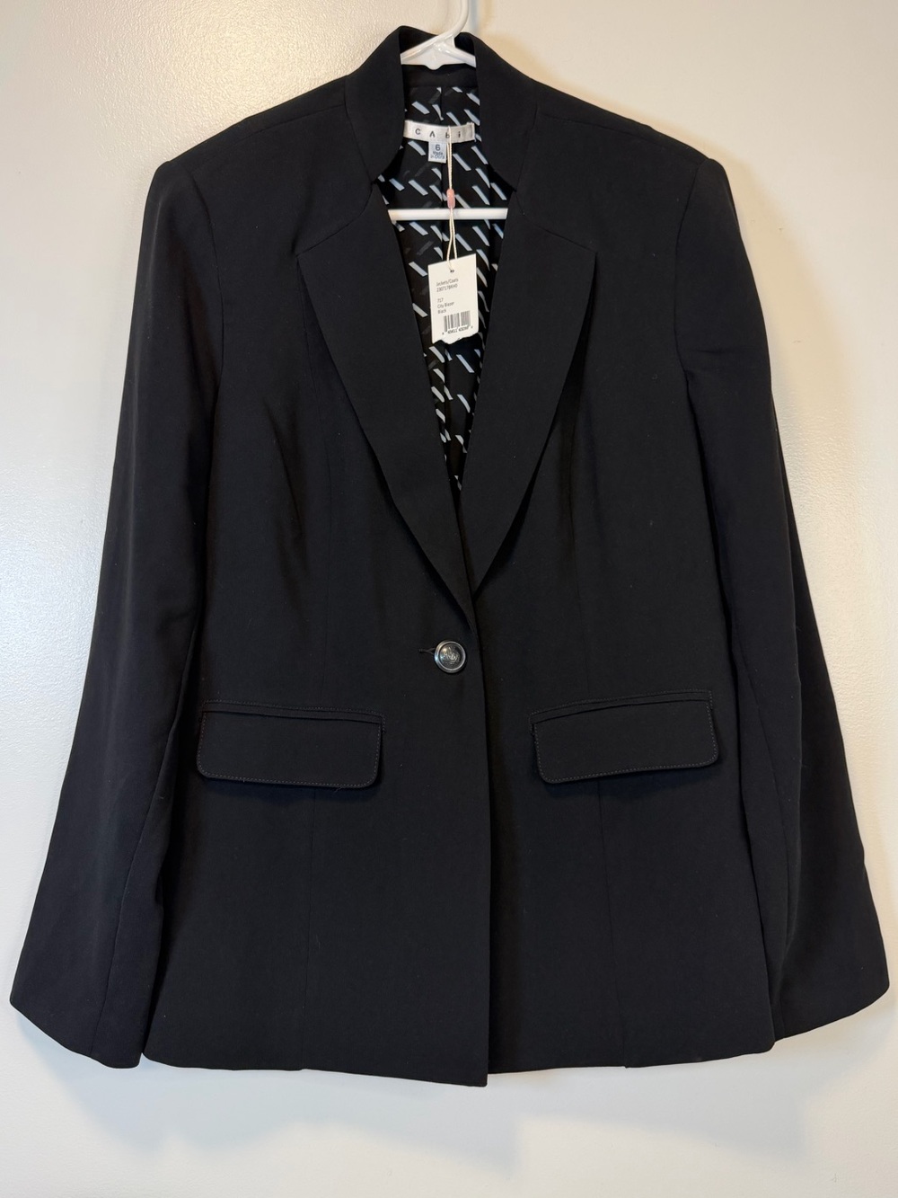 CAbi City Blazer Black Single Button Notch Lapel Faux Pockets Women’s Size 6